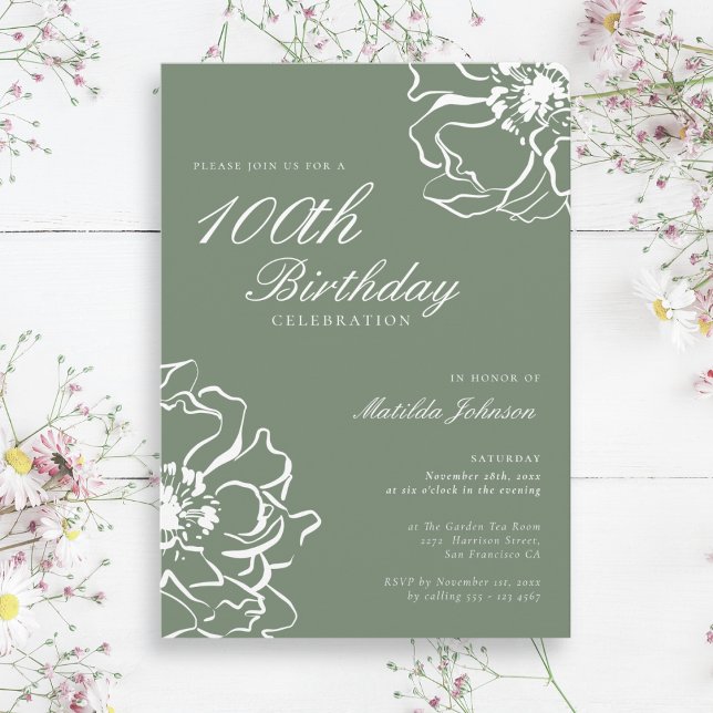 Invitación Sage Floral 100th Birthday Party (Sage Floral 100th Birthday Party Invitation)