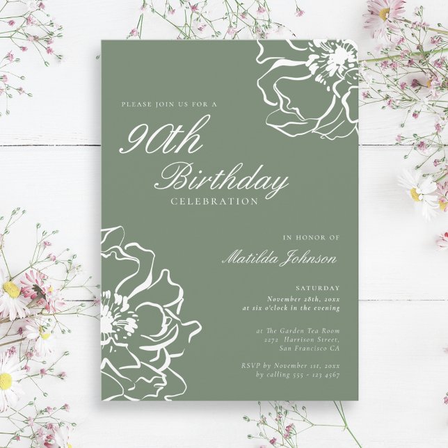 Invitación Sage Floral 90th Birthday Party (Sage Floral 90th Birthday Party Invitation)