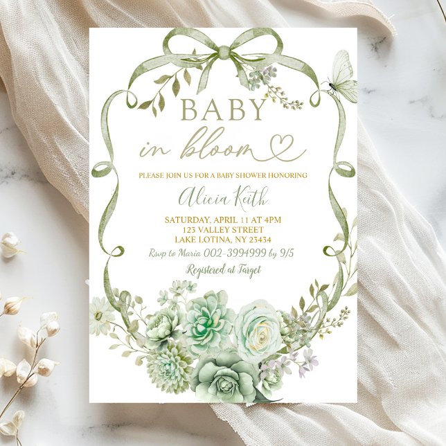 Invitación Sage Floral Bow Coquette Bebé en flor (Subido por el creador)