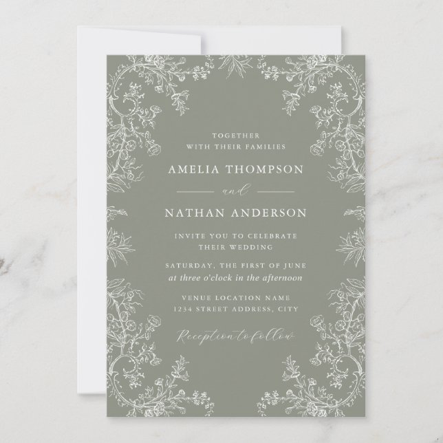 Invitación Sage Floral Elegant Wedding  (Anverso)