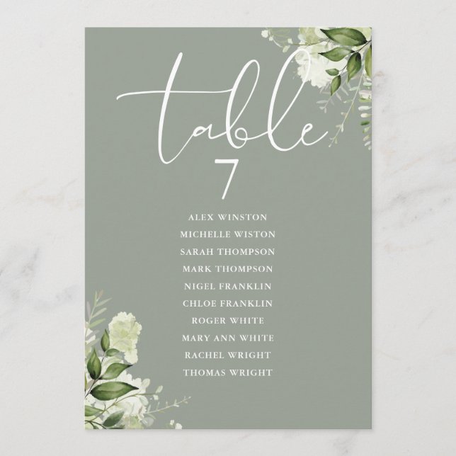 Invitación Sage Floral Greenery Seating Plan Table Number (Anverso)