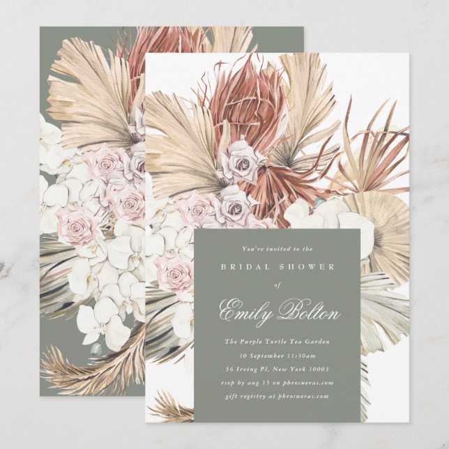 Invitación Sage Floral Moss Green Pampas Boho Bridal Shower (Anverso / Reverso)