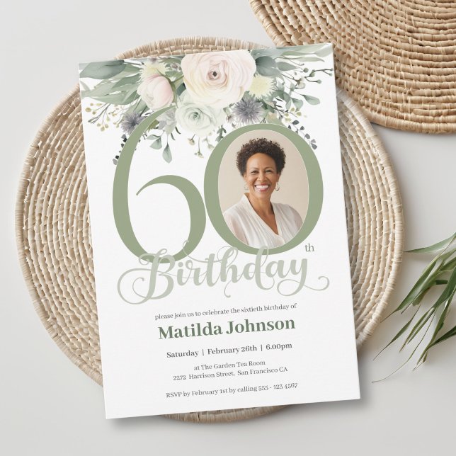Invitación Sage Floral Photo 60th Birthday (Sage Floral Photo 60th Birthday Invitation)