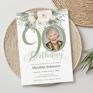 Invitación Sage Floral Photo 90th Birthday