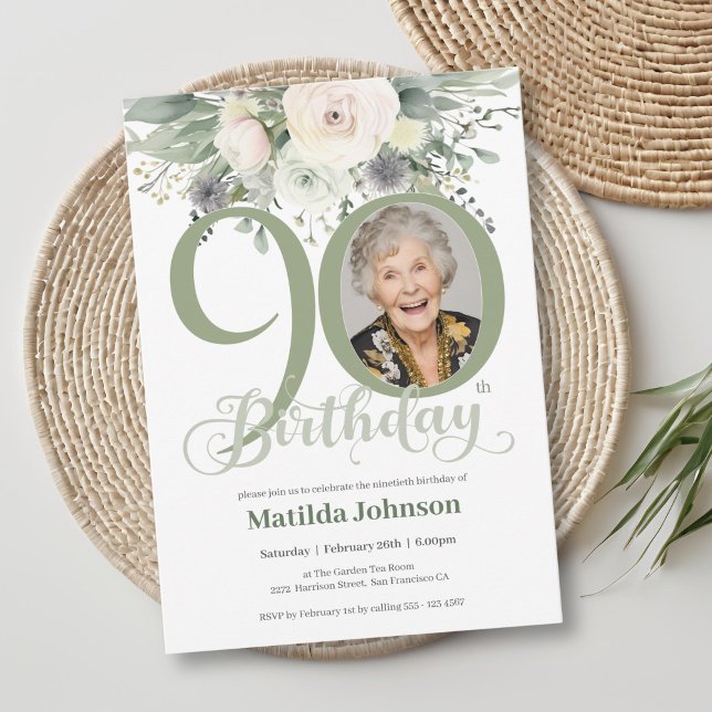 Invitación Sage Floral Photo 90th Birthday (Sage Floral Photo 90th Birthday Invitation)