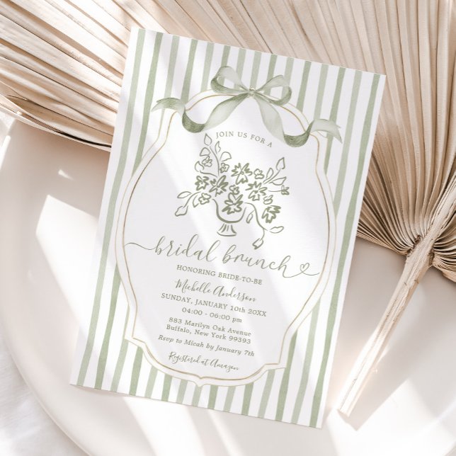 Invitación Sage Floral Stripes Bow Bridal Brunch (Subido por el creador)