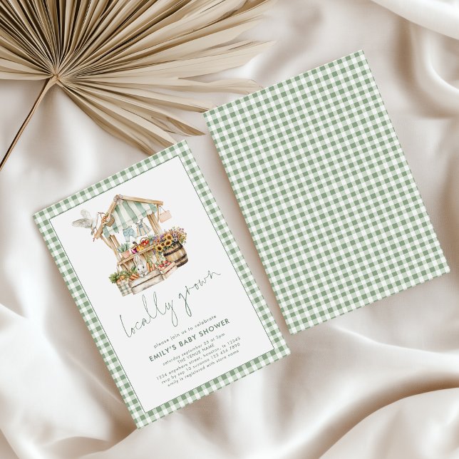 Invitación Sage Gingham Baby Shower de mercado local (Front and back view)