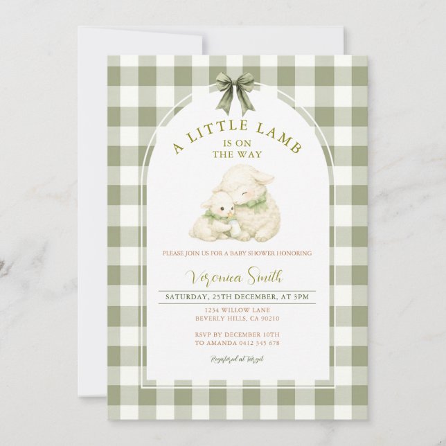 Invitación Sage Gingham Bow Little Lamb Baby Shower  (Anverso)