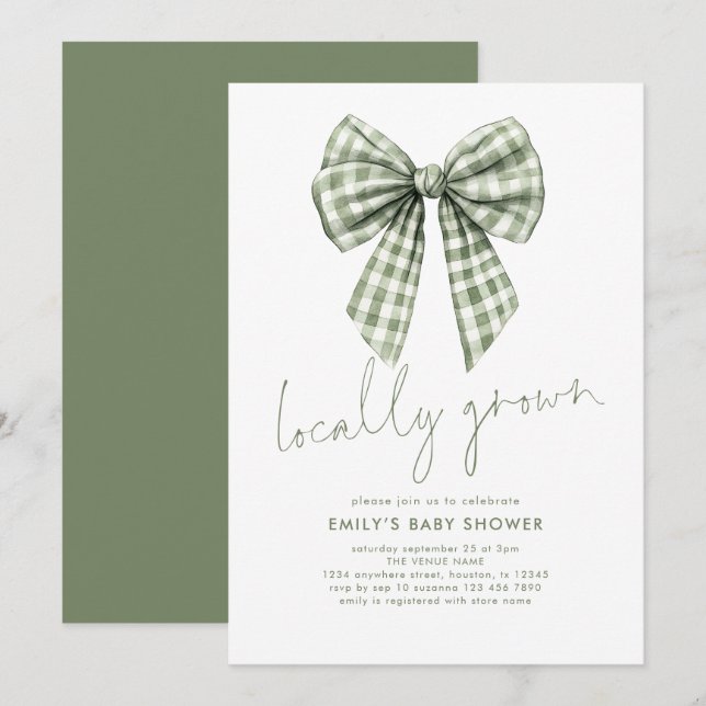 Invitación Sage Gingham Coquette Baby Shower de crecimiento l (Anverso / Reverso)