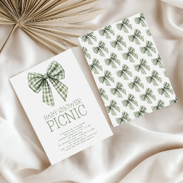 Invitación Sage Gingham Coquette Bow Baby Shower Picnic
