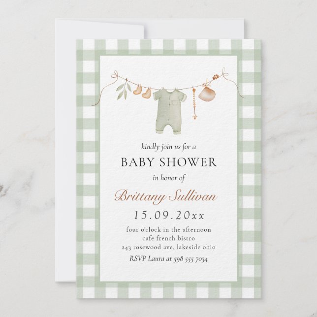 Invitación Sage Gingham Cute Boho Baby Clothes Baby Shower (Anverso)