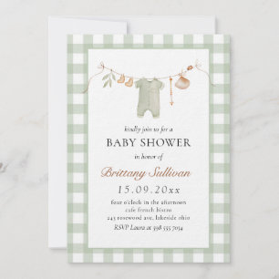 Invitación Sage Gingham Cute Boho Baby Clothes Baby Shower