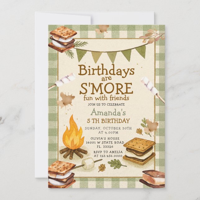 Invitación Sage Gingham Fall Camping Bonfire Marshmallow  (Anverso)