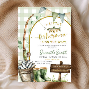 Invitación Sage Gingham Fisherman baby shower