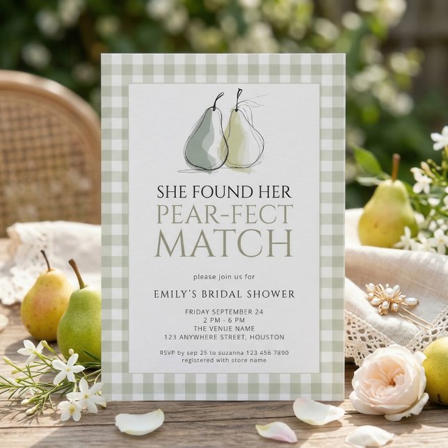 Invitación Sage Gingham Pears Pear-fect Match Bridal Shower (Subido por el creador)