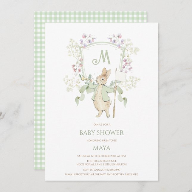 Invitación Sage Gingham Peter the Rabbit Monograma Baby Showe (Anverso / Reverso)