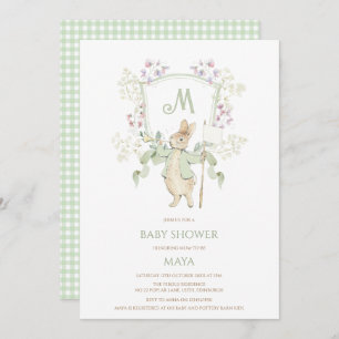 Invitación Sage Gingham Peter the Rabbit Monograma Baby Showe