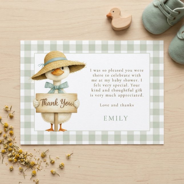 Invitación Sage Gingham Silly Goose Baby Shower Thank You (Subido por el creador)
