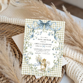 Invitación Sage Gingham Woodland Squirrel Baby Shower
