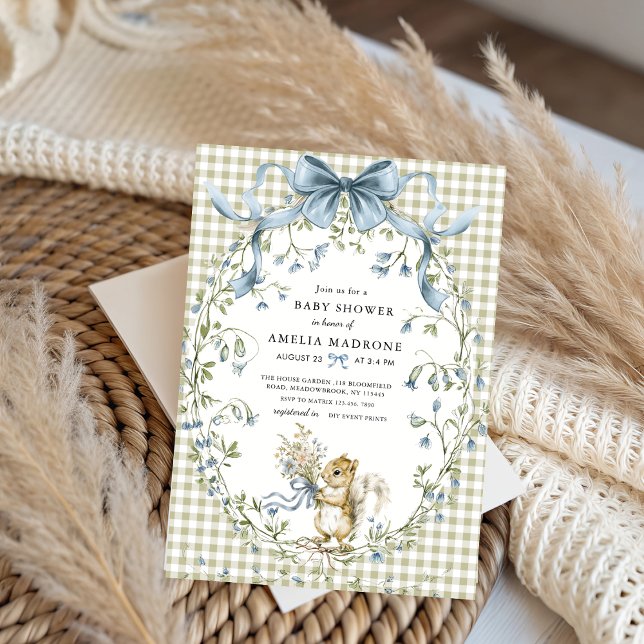 Invitación Sage Gingham Woodland Squirrel Baby Shower (Subido por el creador)