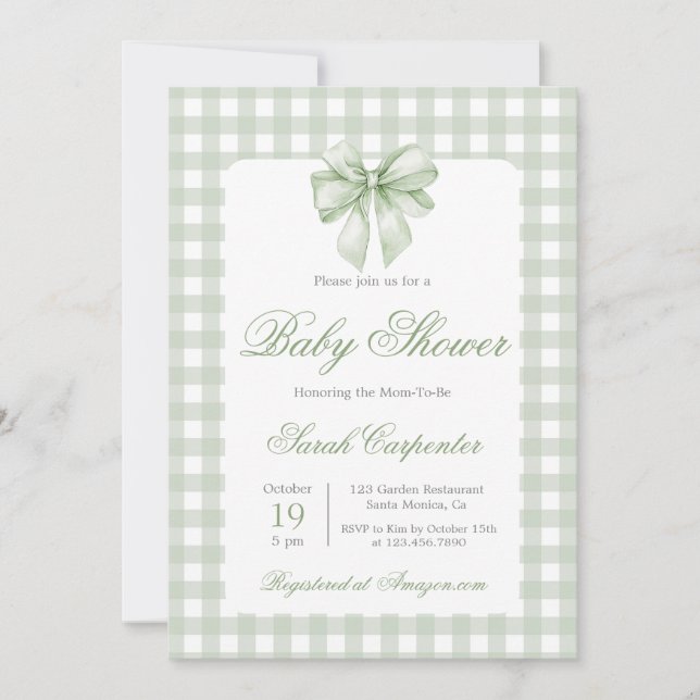 Invitación Sage Gingham y Bow Baby Shower (Anverso)