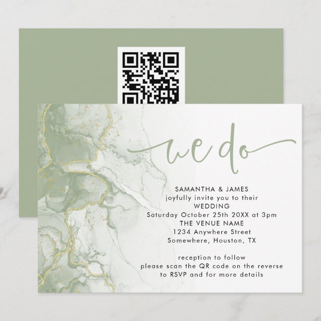 Invitación Sage Gold Agate Script Nosotros Hacemos Código QR  (Anverso / Reverso)