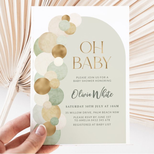 Invitación Sage Gold Balloons Moderno Arch Baby Shower (Subido por el creador)