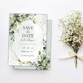 Invitación Sage gold eucalyptus geometric wedding save date