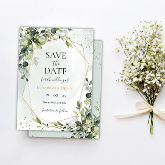 Invitación Sage gold eucalyptus geometric wedding save date