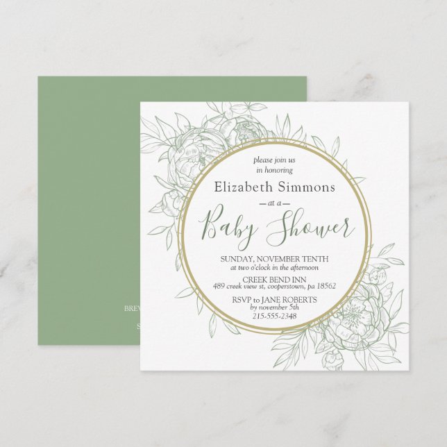 Invitación Sage & Gold Peony Moderno Floral Toile Baby Shower (Anverso / Reverso)