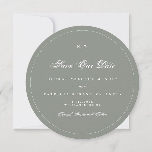 Invitación Sage Gray White Elegant Round Photo Save The Date (Anverso)