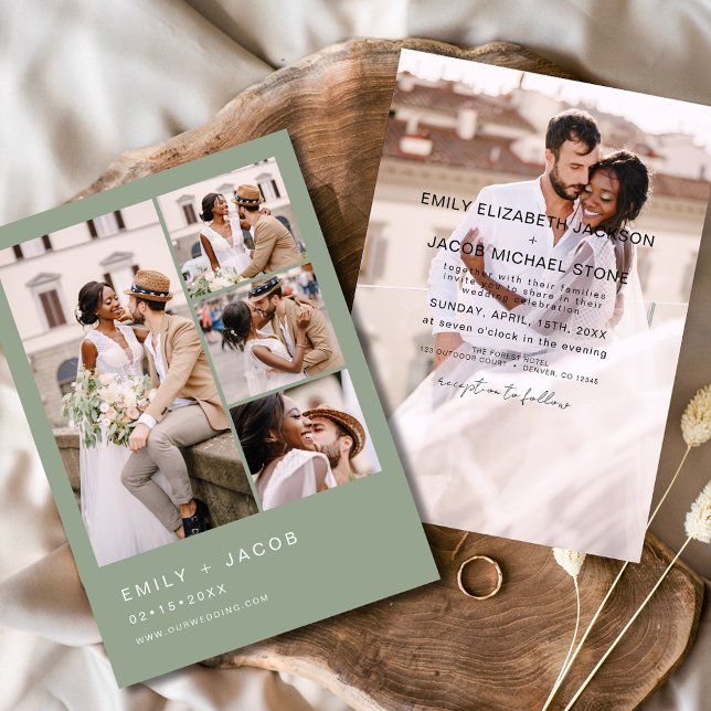 Invitación Sage Green 5 Photo Modern Elegant Wedding (Subido por el creador)