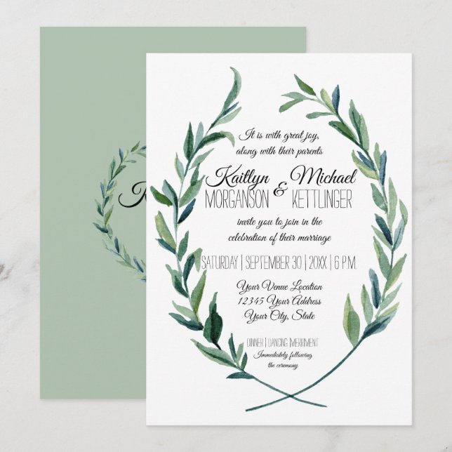 Invitación Sage Green 5X7 Laurel Hoja de Olivo de color de fl (Anverso / Reverso)