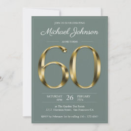 Invitación Sage Green 60th Birthday Solid Gold Text Classy