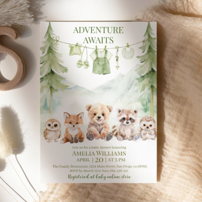 Invitación Sage Green Adventure Awaits Woodland Baby Shower (Subido por el creador)