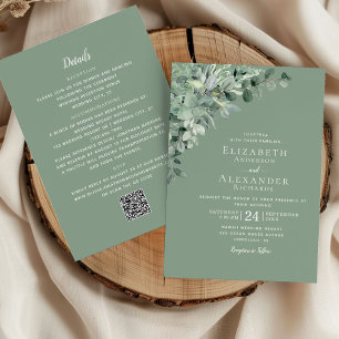 Invitación Sage Green All in One Eucalyptus QR Code Boda