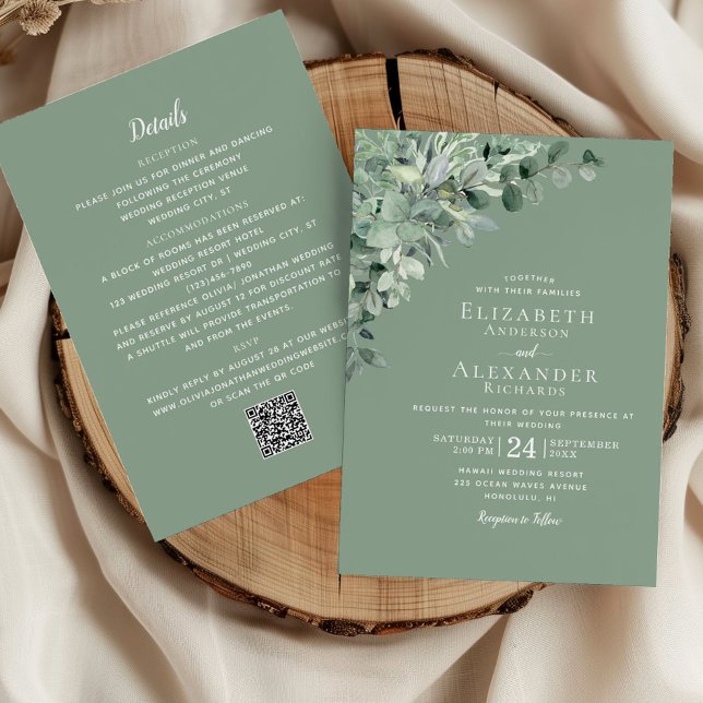 Invitación Sage Green All in One Eucalyptus QR Code Boda (Subido por el creador)