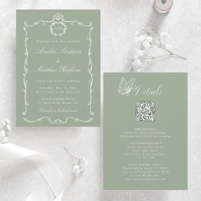 Invitación Sage Green All in One Modern Classic Wedding  (Front & Back)