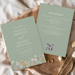 Invitación Sage Green All in One Wilflower Boda de código QR