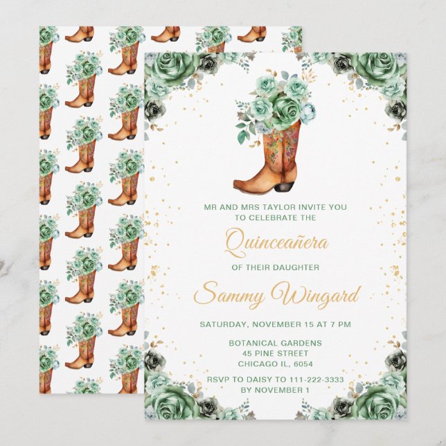 Invitación Sage Green and Gold Floral Cowboy Boot Quinceañera (Anverso / Reverso)