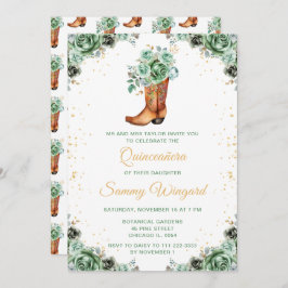 Invitación Sage Green and Gold Floral Cowboy Boot Quinceañera