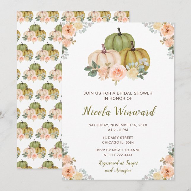 Invitación Sage Green and Peach Floral Pumpkins Brimpower (Anverso / Reverso)