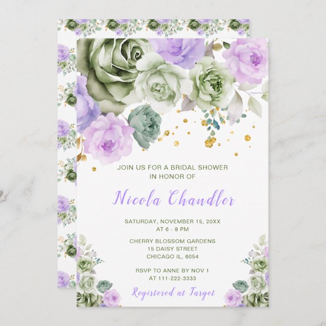 Invitación Sage Green and Purple Floral Bridal Shower (Anverso / Reverso)