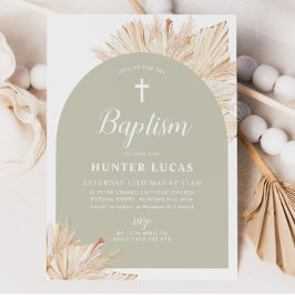 Invitación Sage Green Arch Boho Floral Boys Bautismo