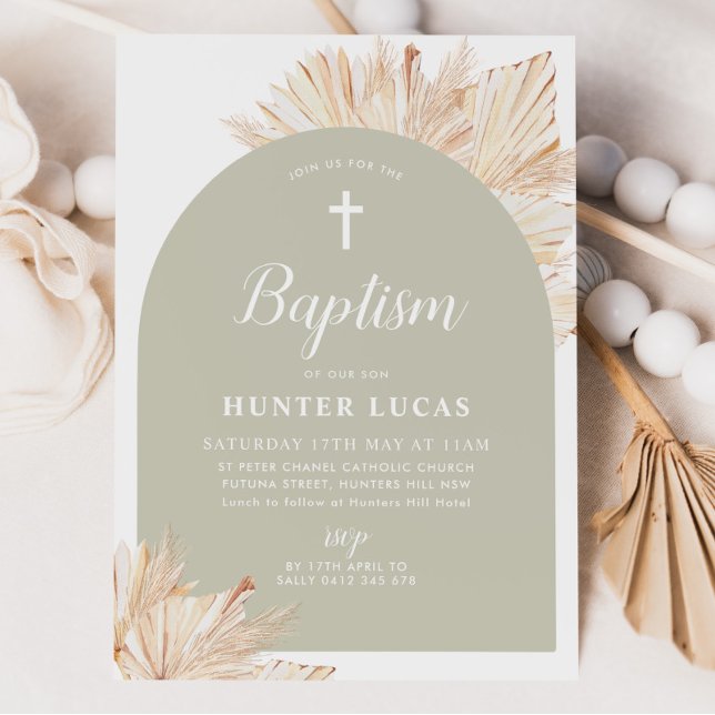 Invitación Sage Green Arch Boho Floral Boys Bautismo (Sage Green Boho Baptism Invitation)