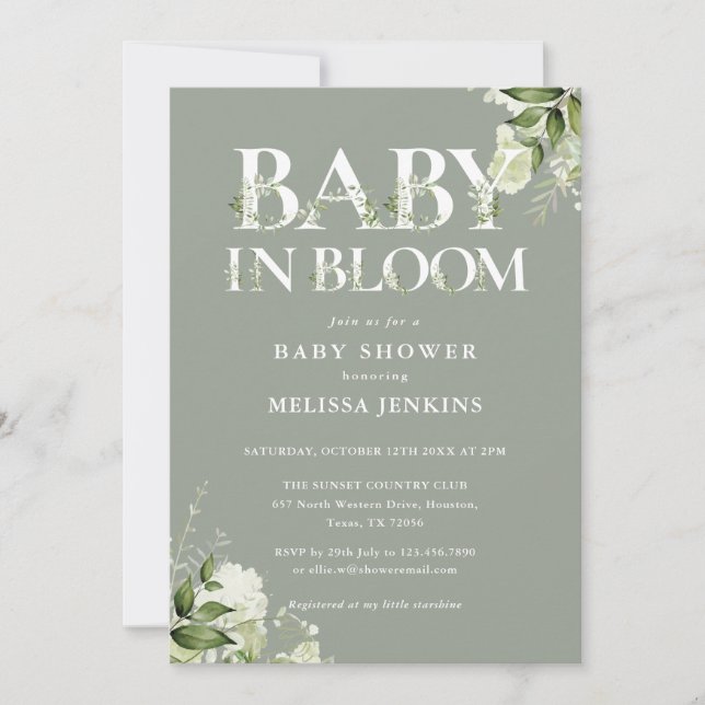 Invitación Sage Green Baby En Bloom Floral Photo Baby Shower (Anverso)