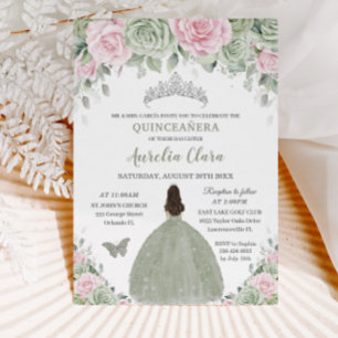 Invitación Sage Green Baby Pink Floral Silver Quinceañera