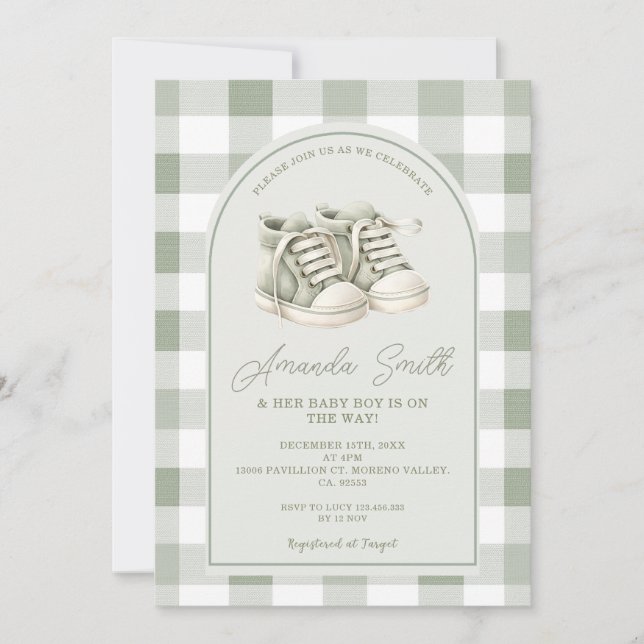 Invitación Sage Green Baby Shoes Gingham Boy Baby Shower (Anverso)