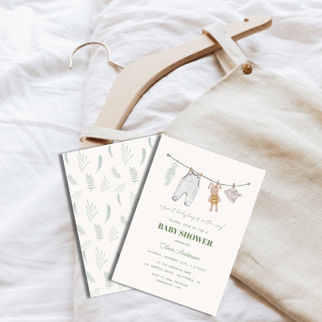 Invitación Sage Green Baby Shower Boho Boy Clothes (Sage Green Baby Shower Boho Boy Clothes Invitation)