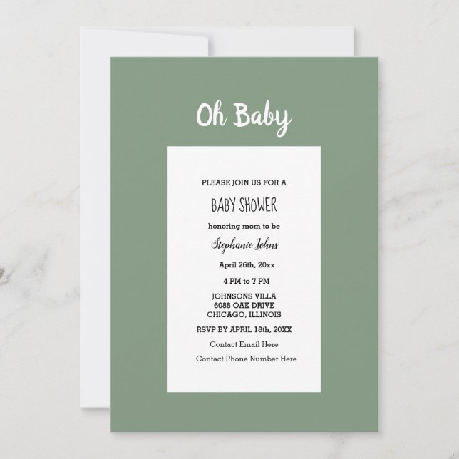Invitación Sage Green Baby Shower QR Code Simple Minimal (Anverso)